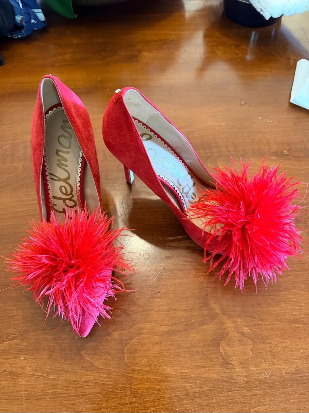 Sam Edelman Red Feather Pom Pointed-Toe Heels
